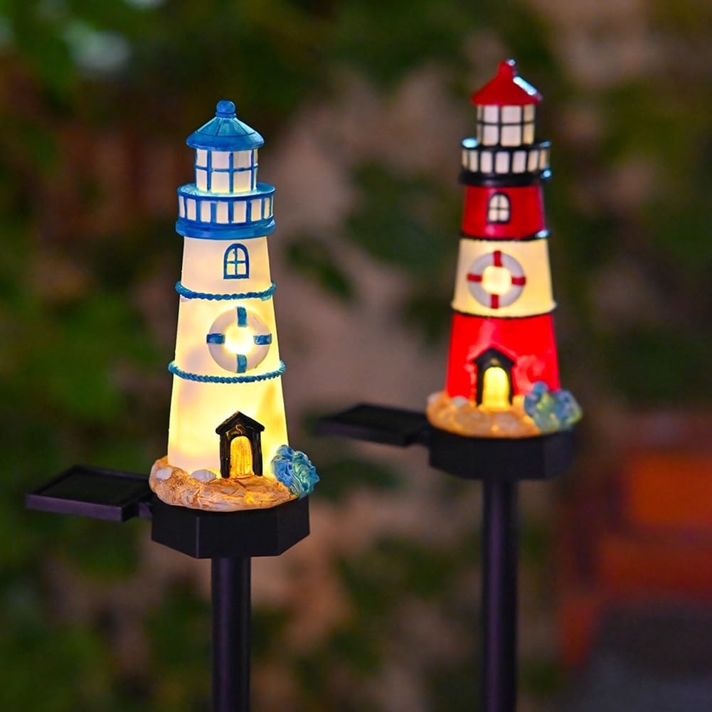 Solar Powered LED Lighthouse Light Outdoor Garden Waterproof Resin Automatic Sensor Q82372