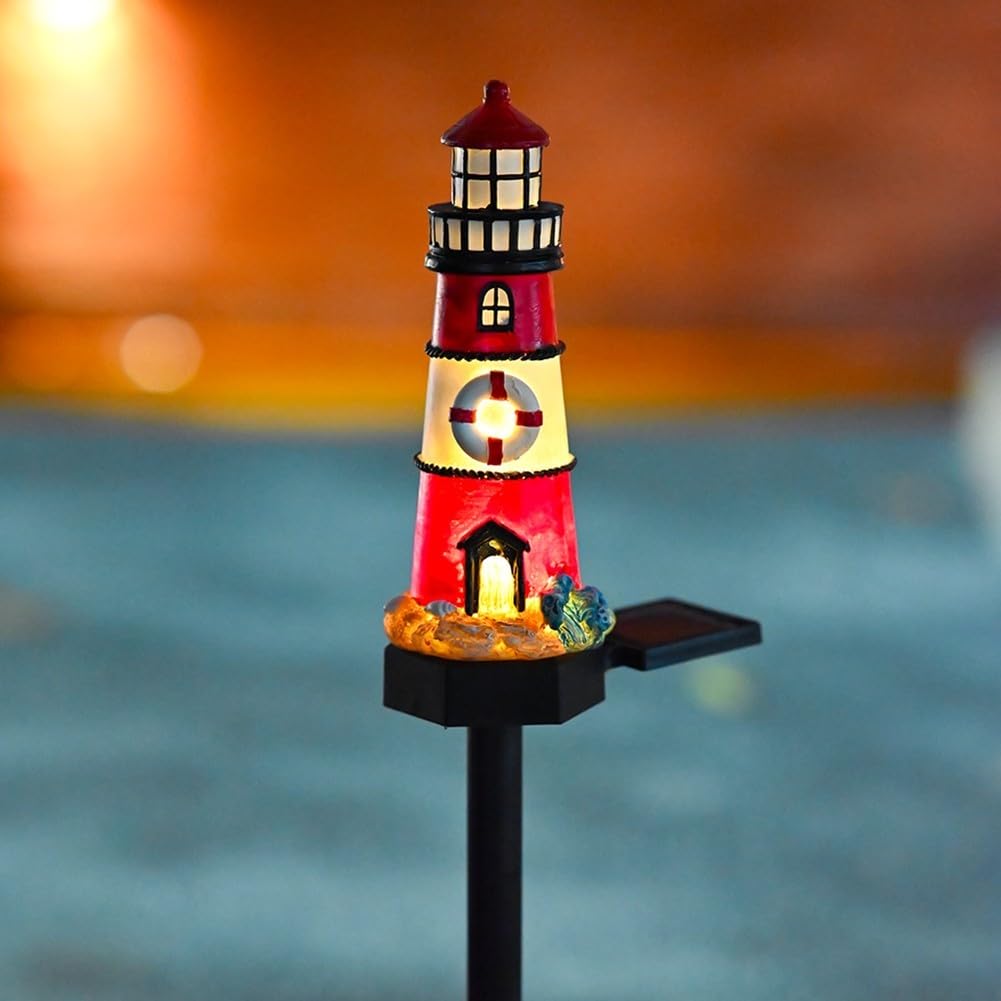 Solar Powered LED Lighthouse Light Outdoor Garden Waterproof Resin Automatic Sensor Q82372