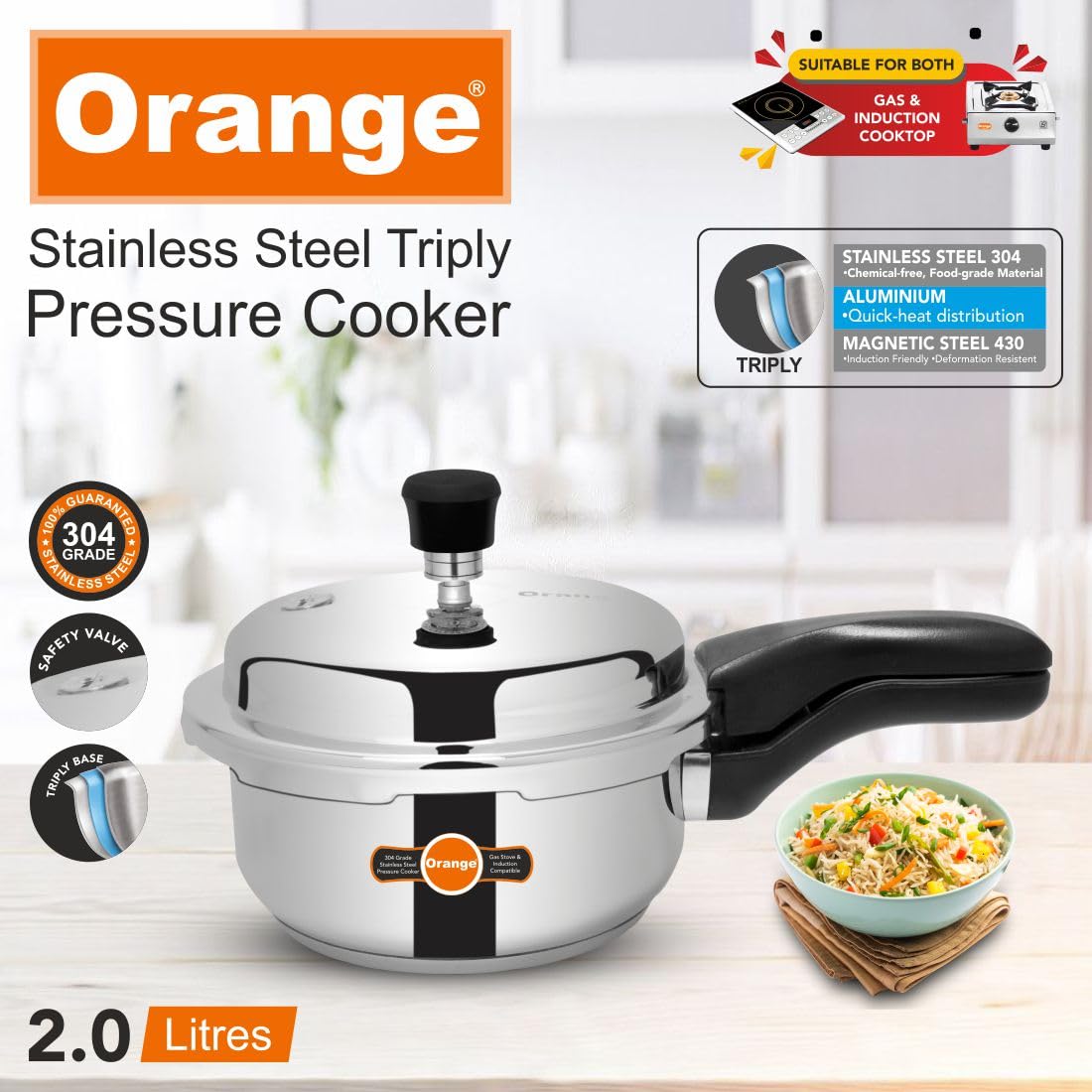 Orange Triply Stainless Steel Pressure Cooker Combo Set 2&3 Litre 2 Pc B52506