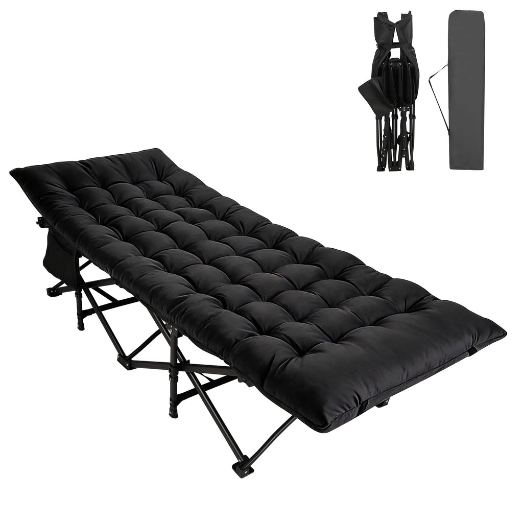 Camping Cot with Thick Mattress and Side Pocket, Black N640438