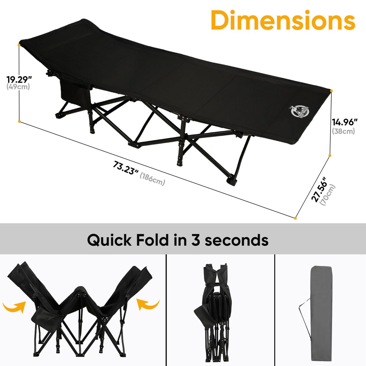 Camping Cot with Thick Mattress and Side Pocket, Black N640438