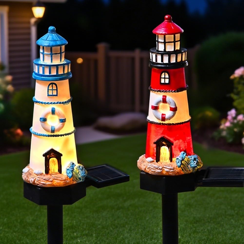 Solar Powered LED Lighthouse Light Outdoor Garden Waterproof Resin Automatic Sensor Q82372