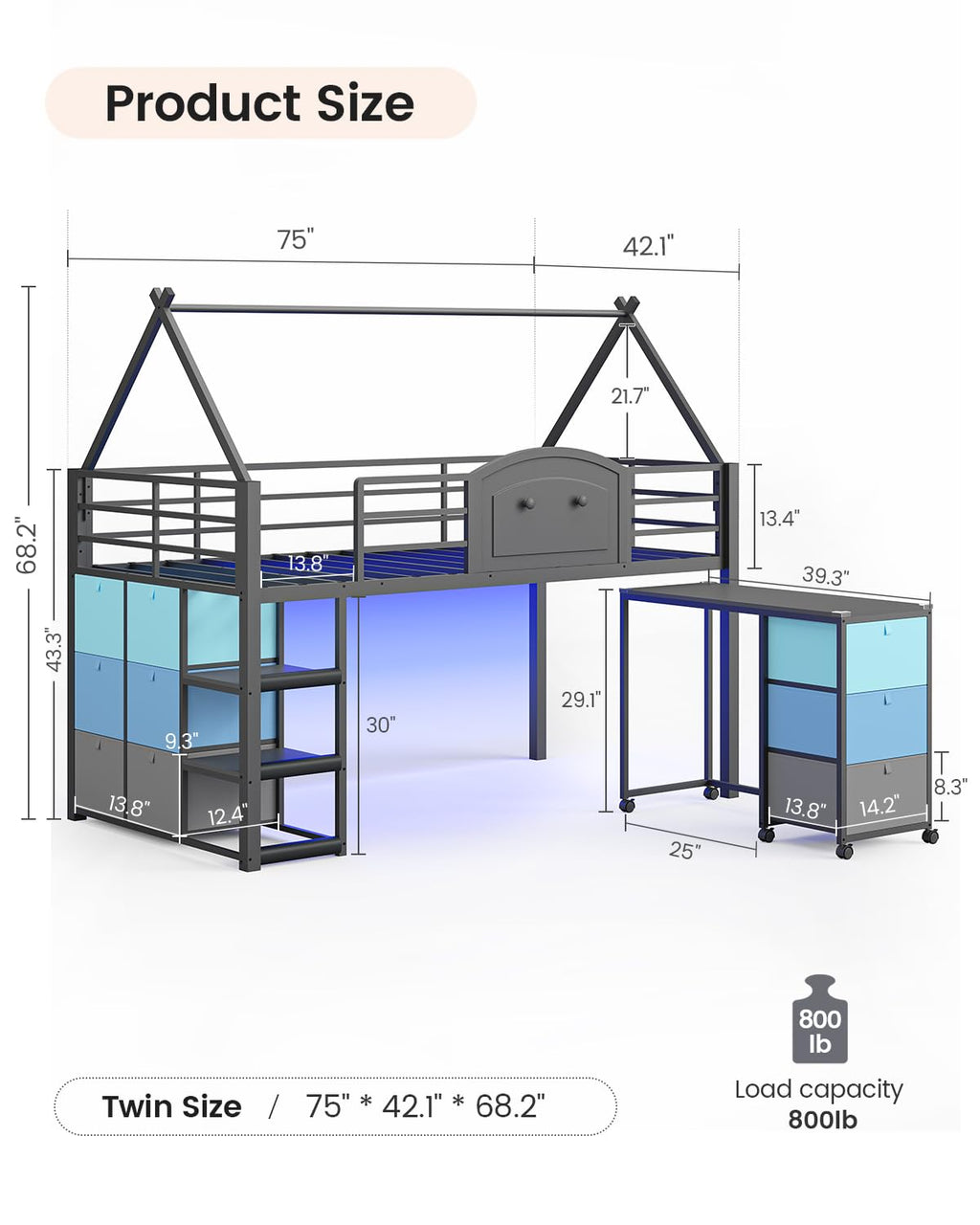 Twin Metal Loft Bed with Desk and Storage D39297