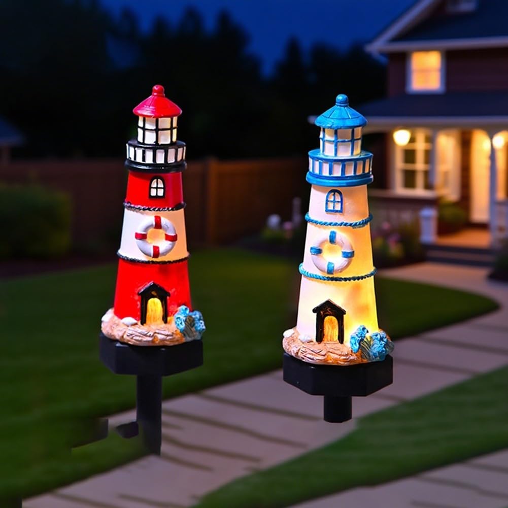 Solar Powered LED Lighthouse Light Outdoor Garden Waterproof Resin Automatic Sensor Q82372
