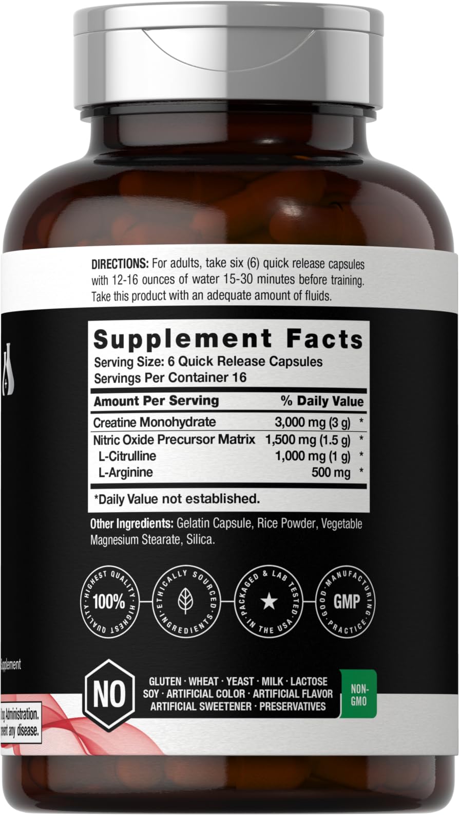 Nitric Oxide Supplement with Creatine Monohydrate 100 Capsules S769242