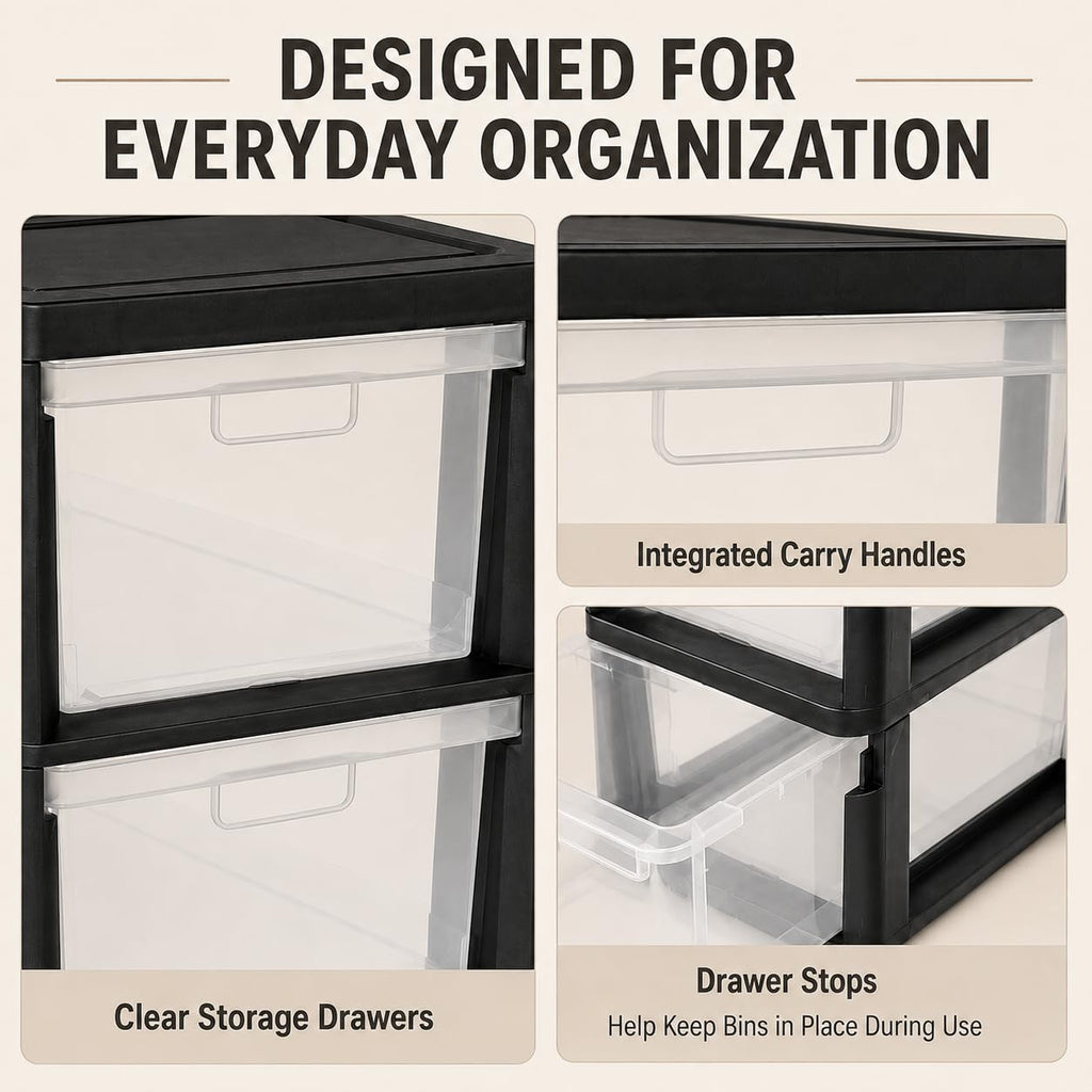 Plastic 3 Drawer Storage Tower with Clear Removable Bins K253480