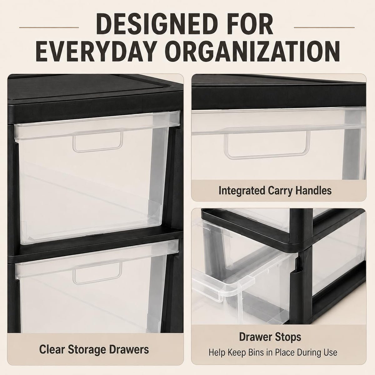 Plastic 3 Drawer Storage Tower with Clear Removable Bins K253480
