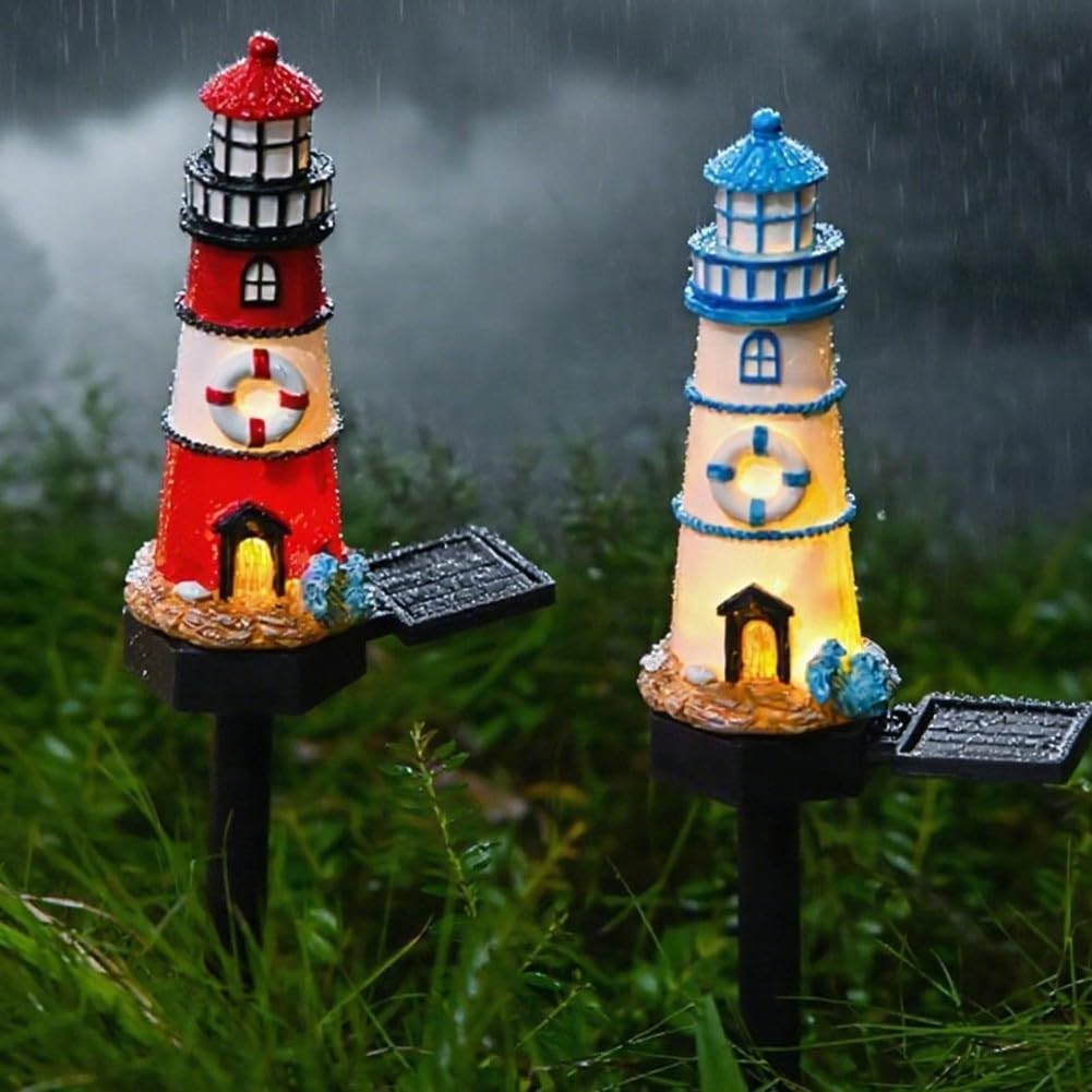 Solar Powered LED Lighthouse Light Outdoor Garden Waterproof Resin Automatic Sensor Q82372