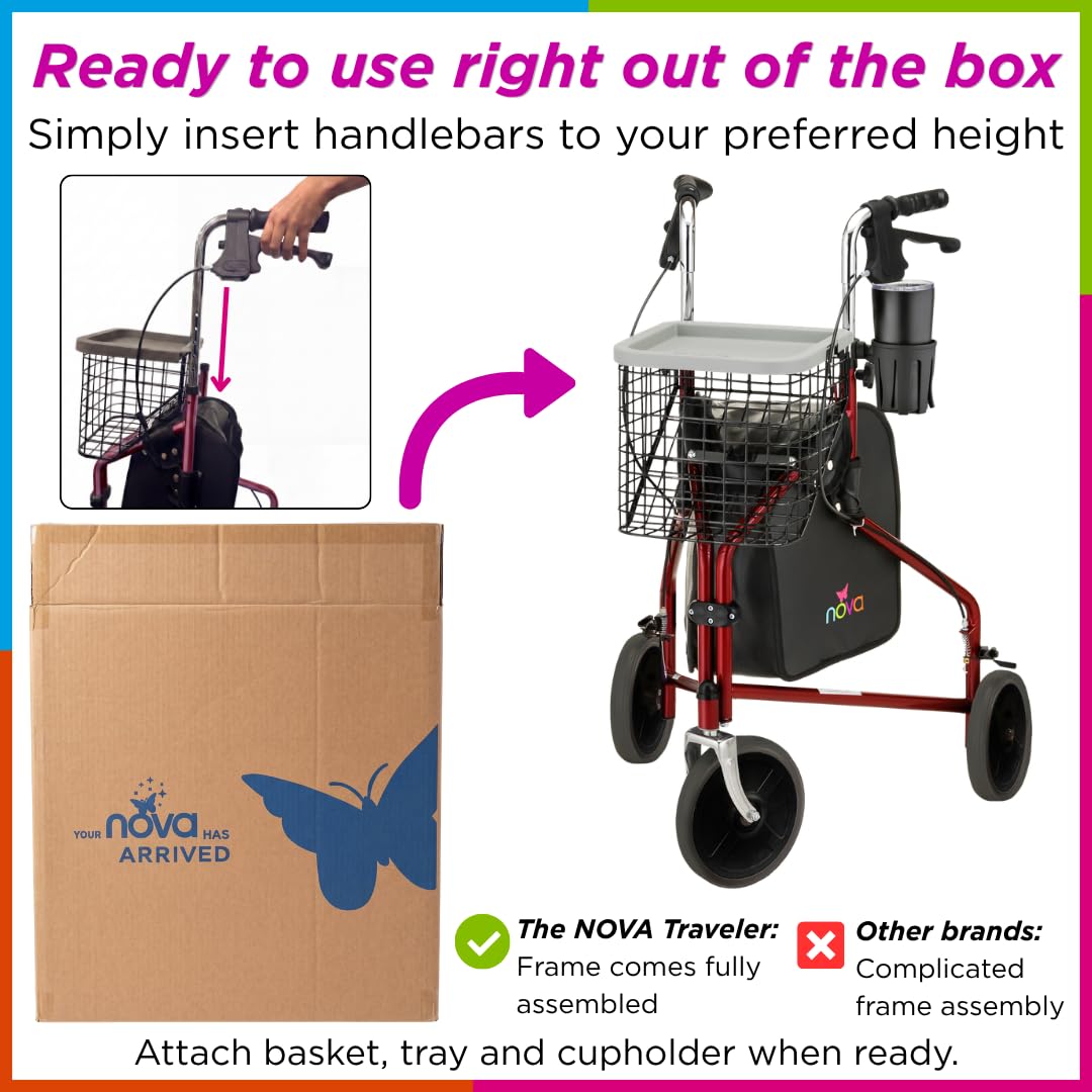 Folding 3-Wheel Walker with Tray Basket Pouch Cup Holder Z86715