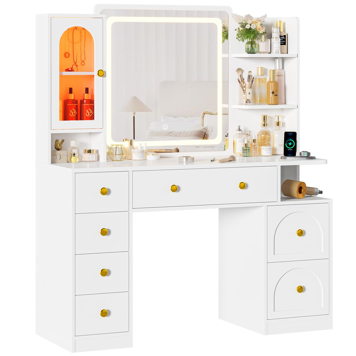 White Vanity Desk with Mirror and LED Lights T9321