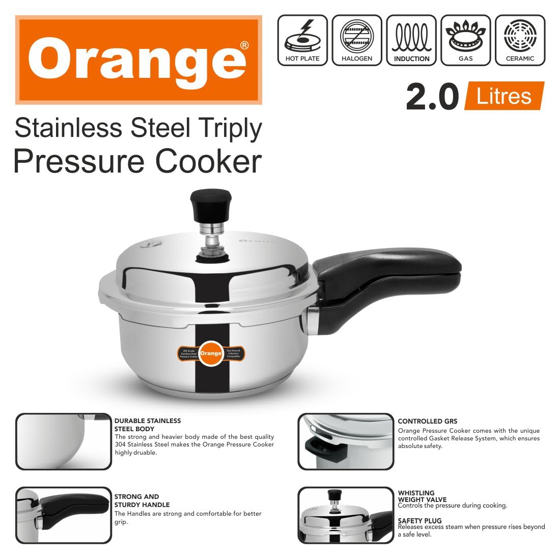 Orange Triply Stainless Steel Pressure Cooker Combo Set 2&3 Litre 2 Pc B52506
