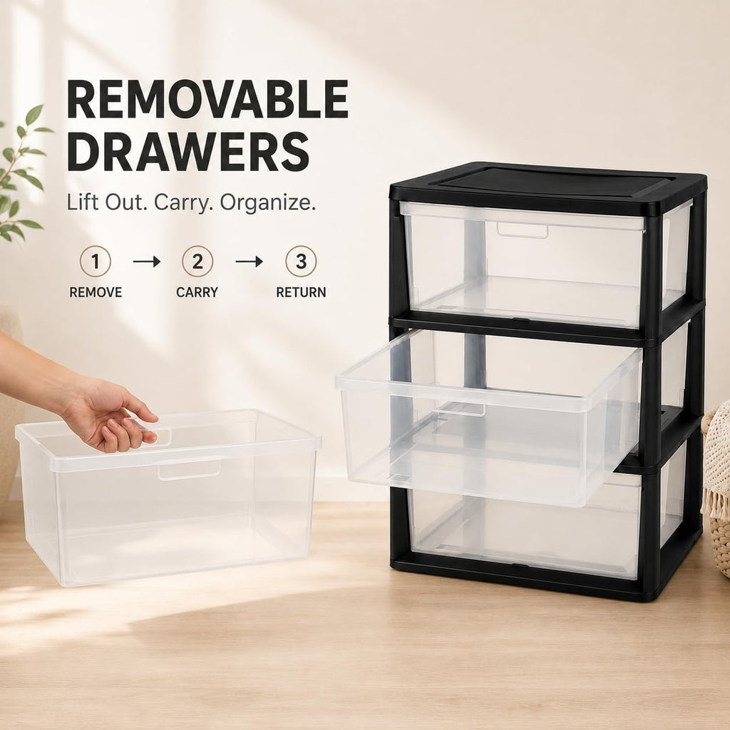 Plastic 3 Drawer Storage Tower with Clear Removable Bins K253480