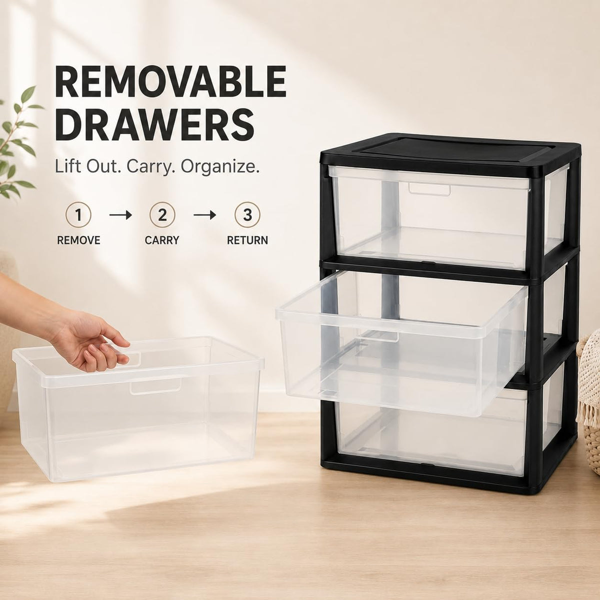 Plastic 3 Drawer Storage Tower with Clear Removable Bins K253480
