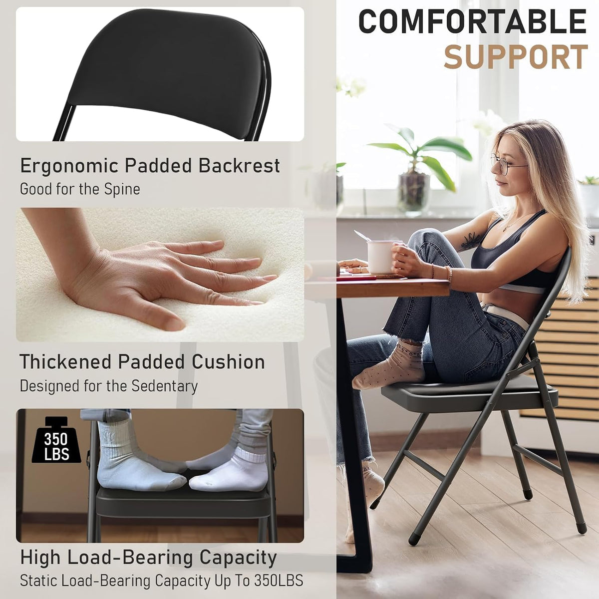 Black Folding Chairs with Padded Cushion, 10 Pack G630