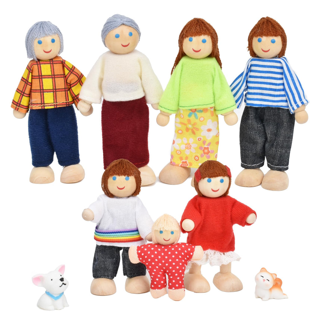 Wooden Dollhouse Dolls Family Set of 7 Miniature Figures and 2 Pets X4515