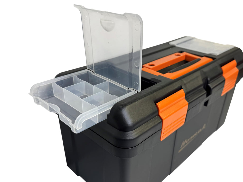 Plastic Tool Box with Tray and Dividers, Black, 19.25 Inches Z255553