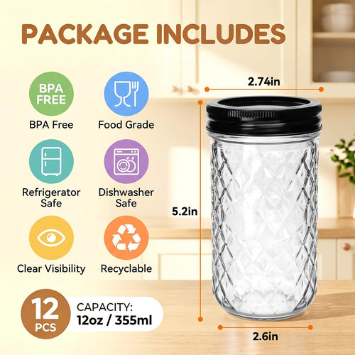 12 oz Mason Jars 12 Pack Regular Mouth Canning Jars with Black Lids V426228