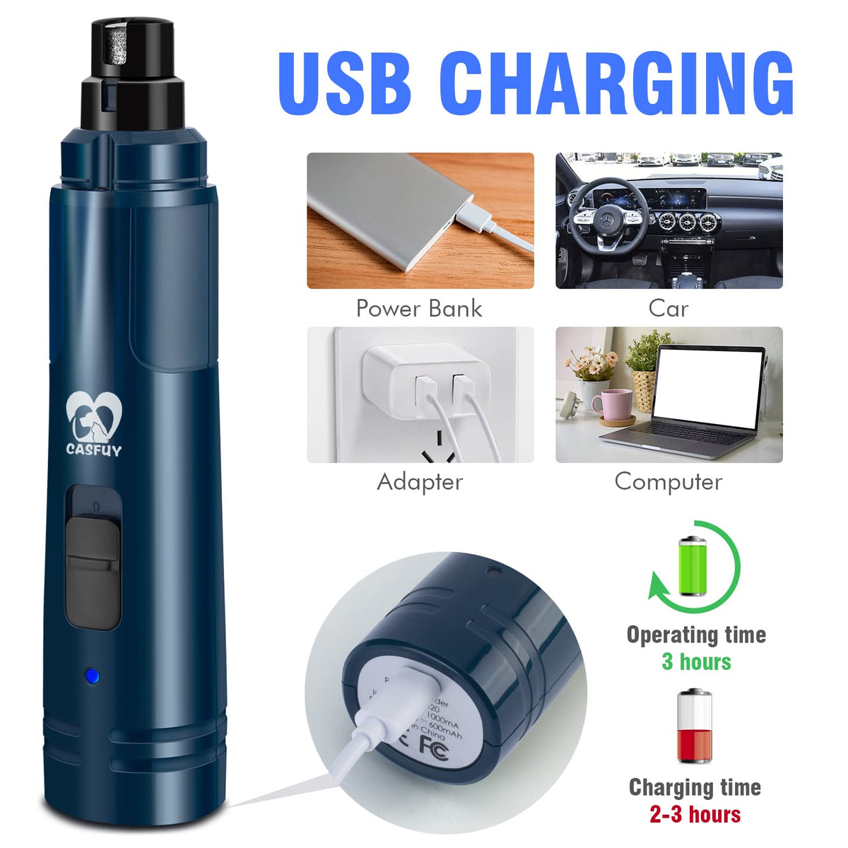 Dog Nail Grinder with LED Light 2-Speed Electric Pet Nail Trimmer Dark Blue V74521
