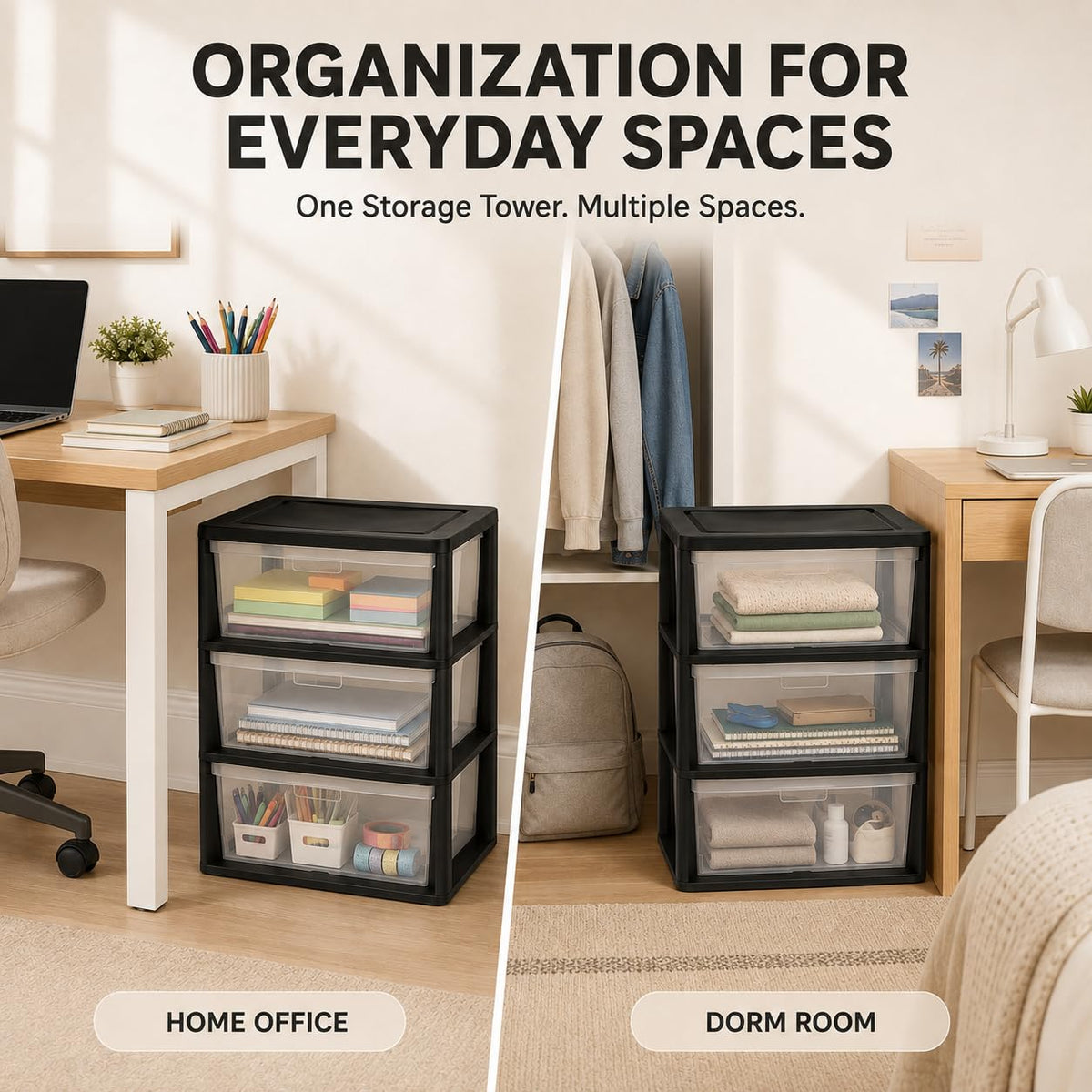 Plastic 3 Drawer Storage Tower with Clear Removable Bins K253480