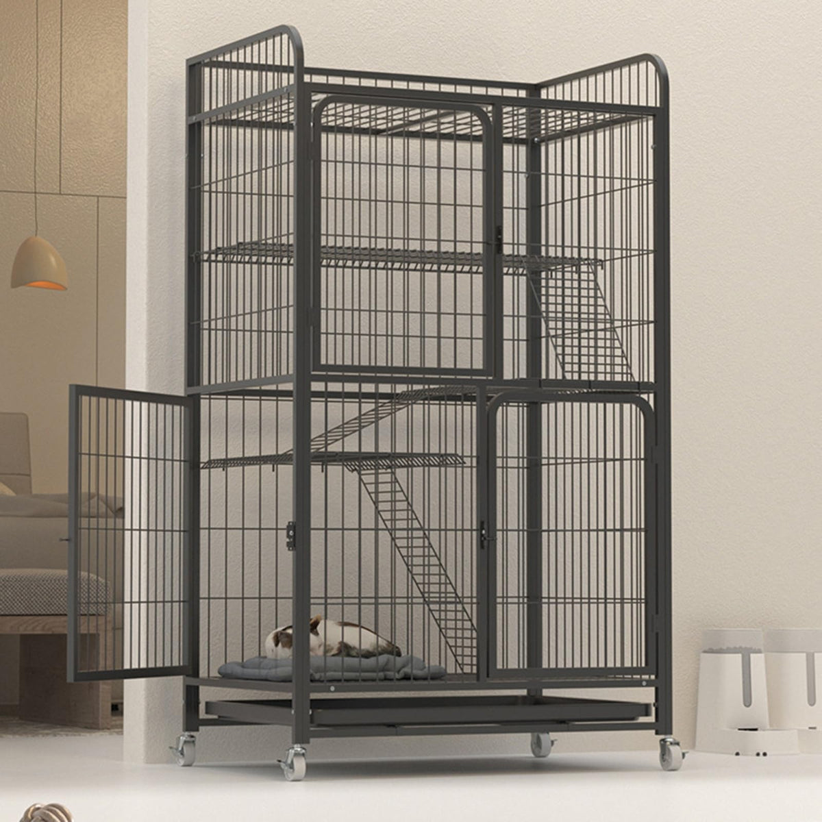 4 Tiers Metal Wire Cat Cage with Wheels A444