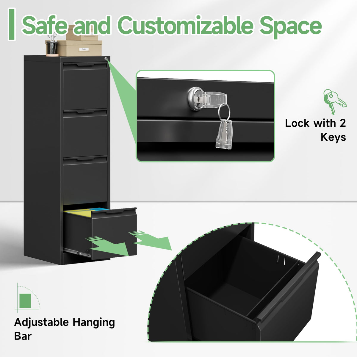 Black 4 Drawer Metal File Cabinet with Lock V662