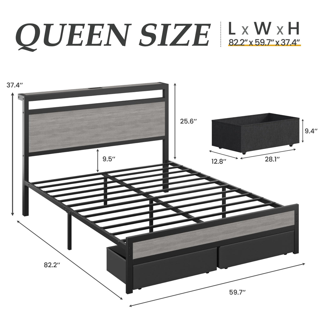 Queen Size Storage Bed Frame with Wood Headboard and LED Lights O1308