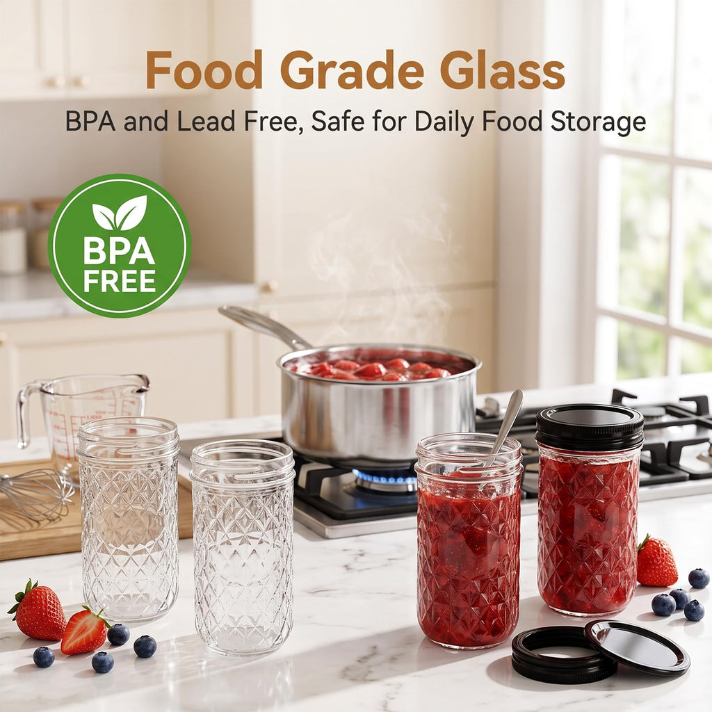 12 oz Mason Jars 12 Pack Regular Mouth Canning Jars with Black Lids V426228