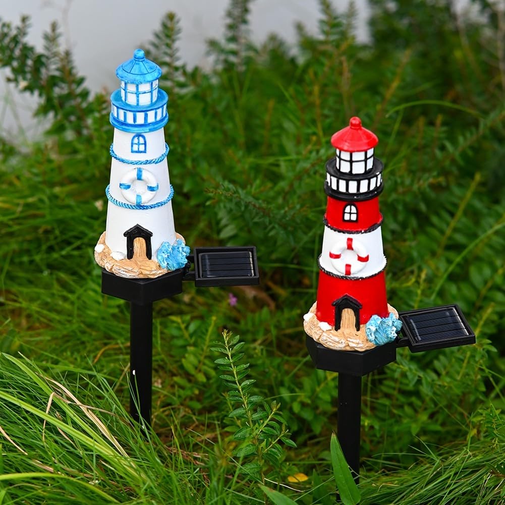 Solar Powered LED Lighthouse Light Outdoor Garden Waterproof Resin Automatic Sensor Q82372