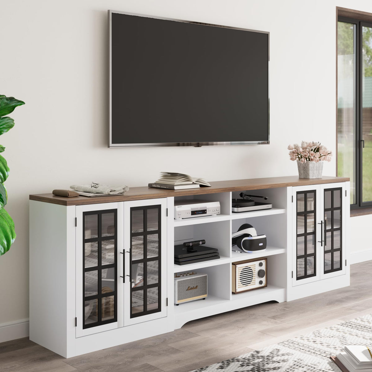 White TV Stand with Storage Cabinet and 3-Tier Open Shelves F61518
