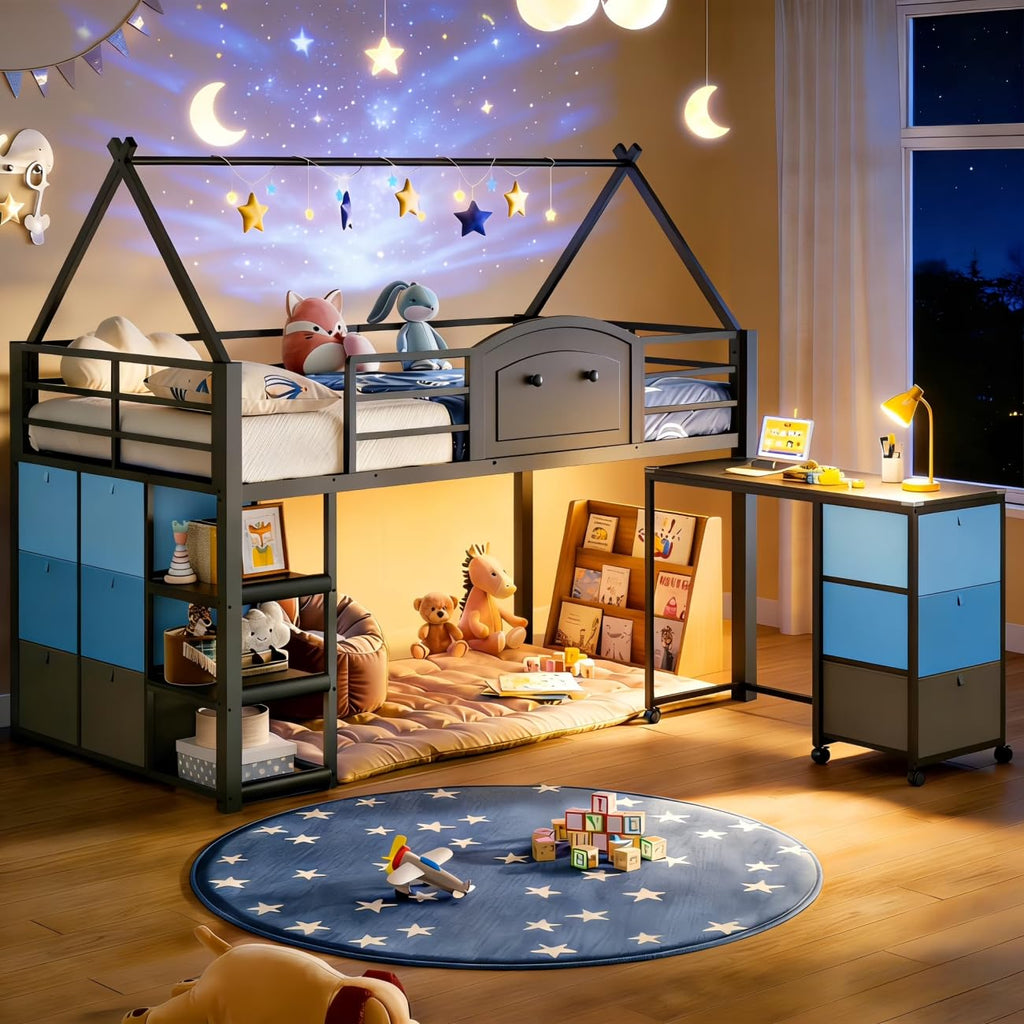 Twin Metal Loft Bed with Desk and Storage D39297