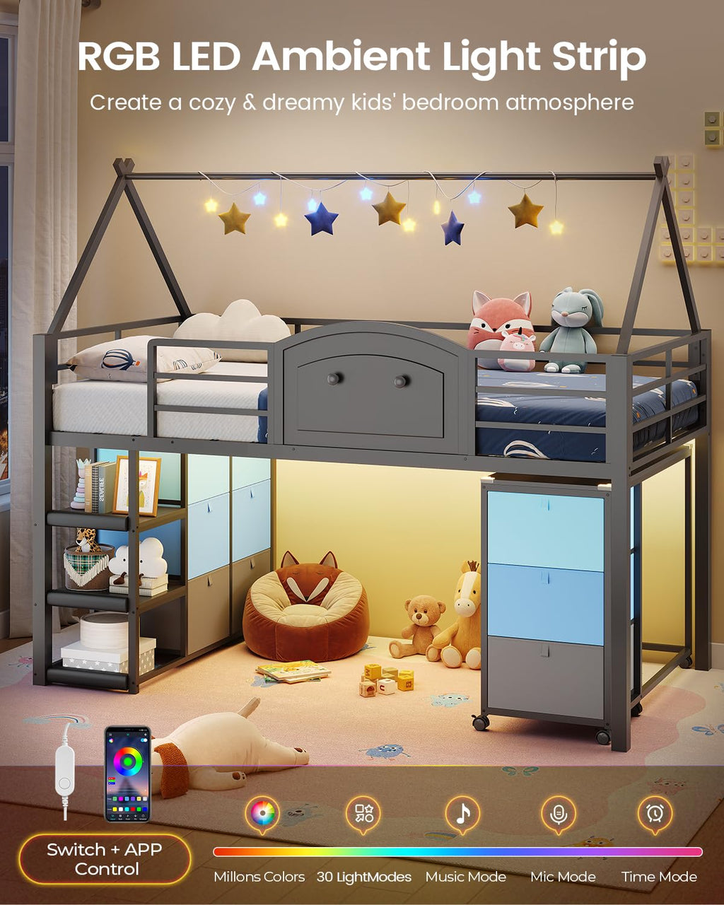 Twin Metal Loft Bed with Desk and Storage D39297