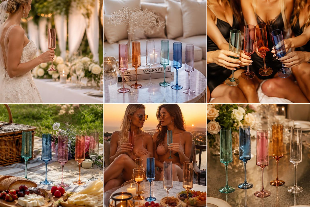 Colored Champagne Flute Stemmed Glasses Set of 6 6oz D91142