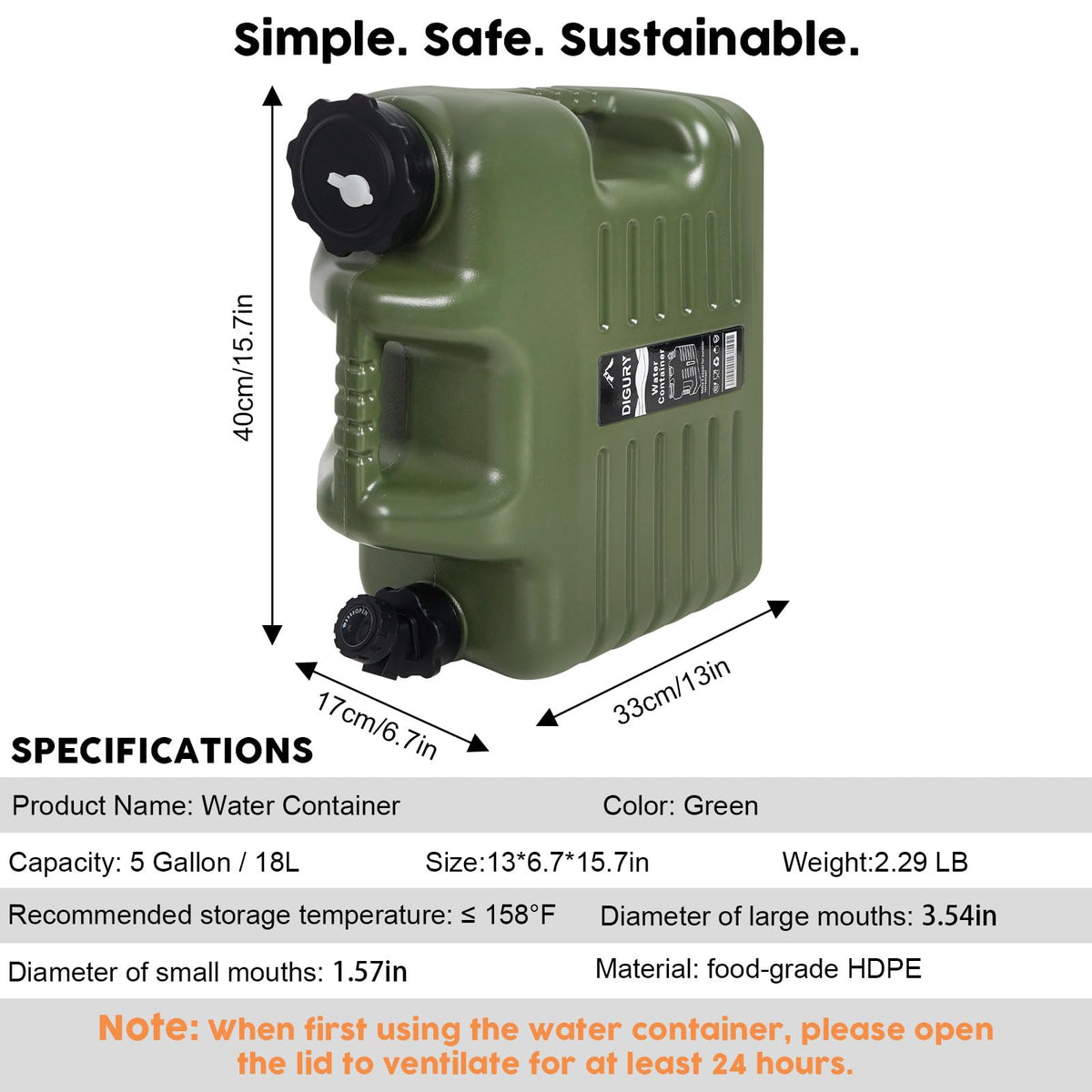 5 Gallon BPA Free Water Jug with Spigot Green B4362