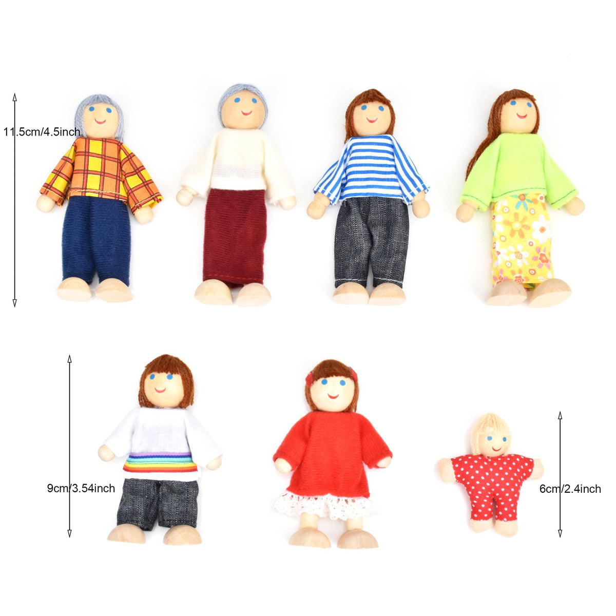 Wooden Dollhouse Dolls Family Set of 7 Miniature Figures and 2 Pets X4515