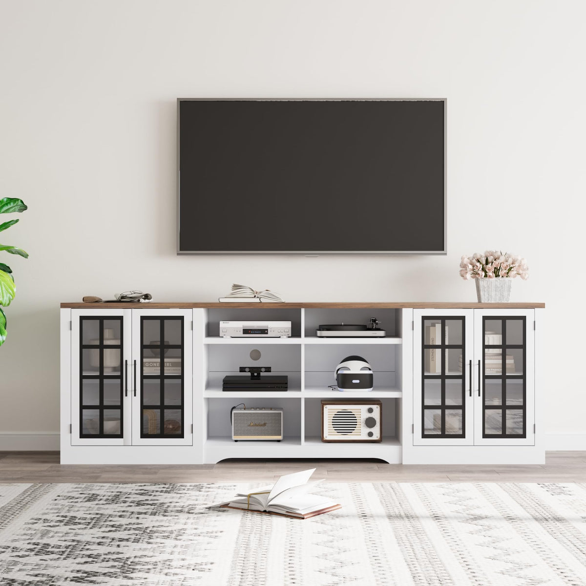 White TV Stand with Storage Cabinet and 3-Tier Open Shelves F61518