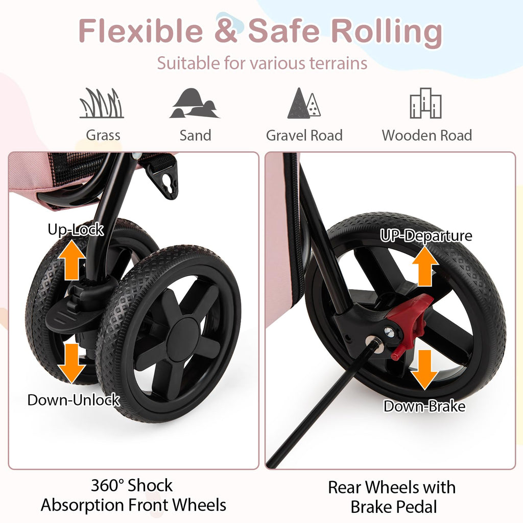 Double Pet Stroller with 2 Detachable Carrier Bags Pink H904