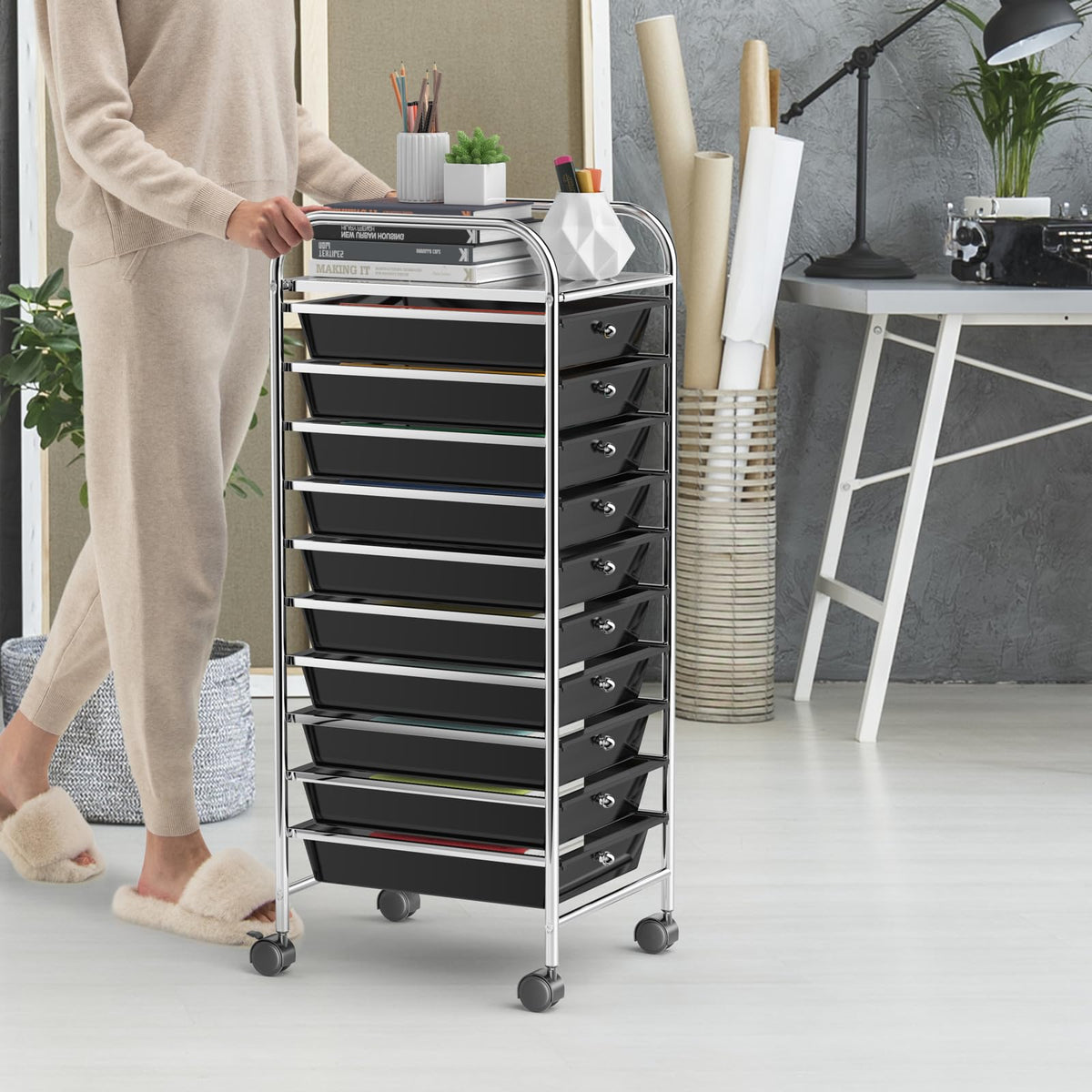 Rolling Utility Cart with 10 Drawers and Lockable Wheels V22765