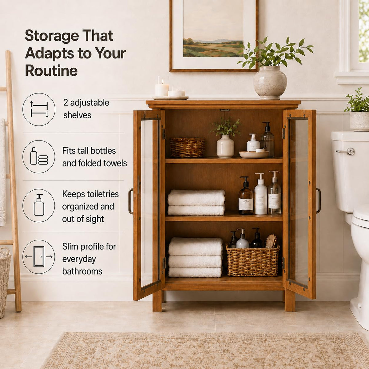 Wooden Freestanding Floor Cabinet with 2 Adjustable Shelves and 2 Glass Paneled Doors I295