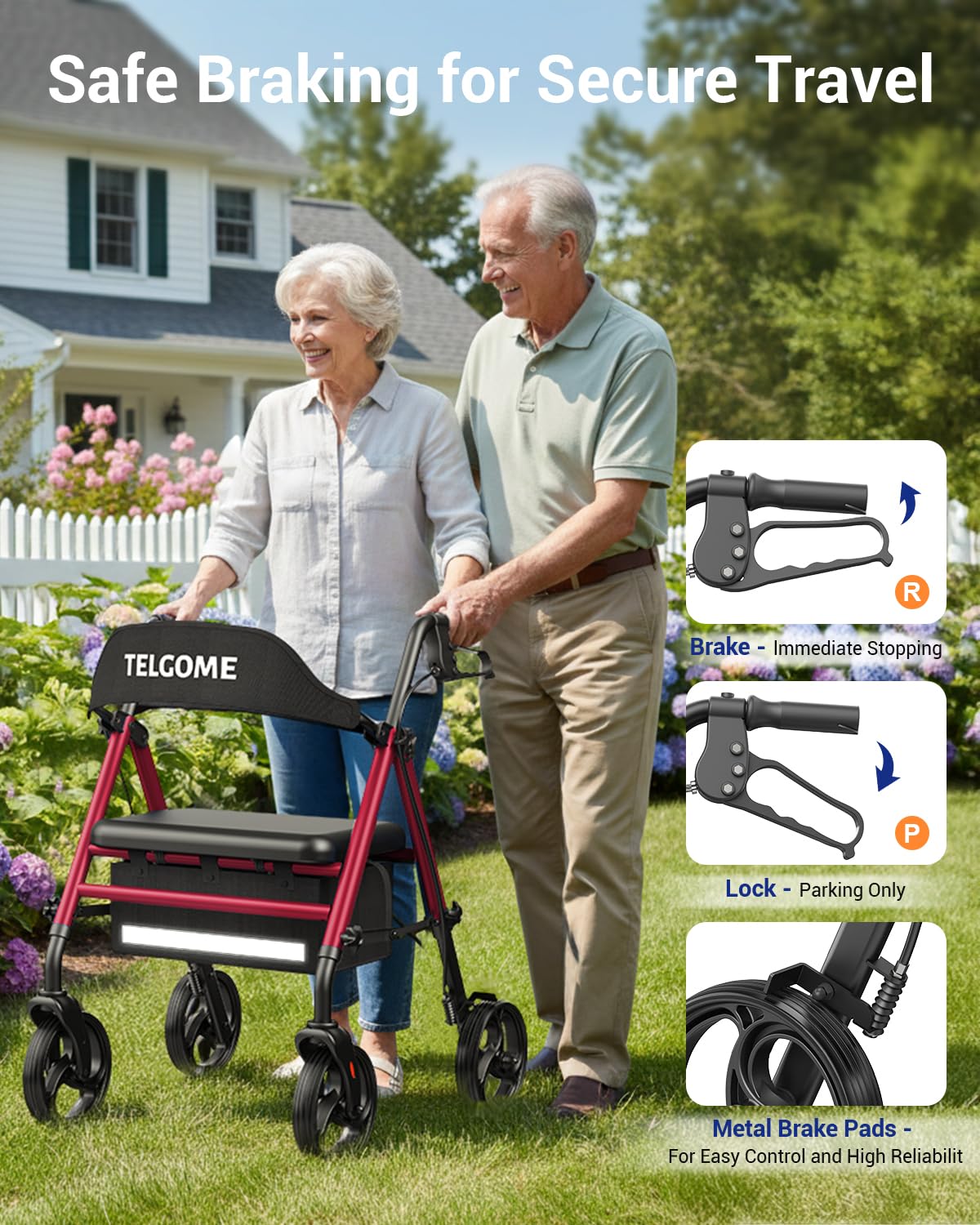 Red 350 lb Capacity Foldable Rollator Walker with Seat K8308