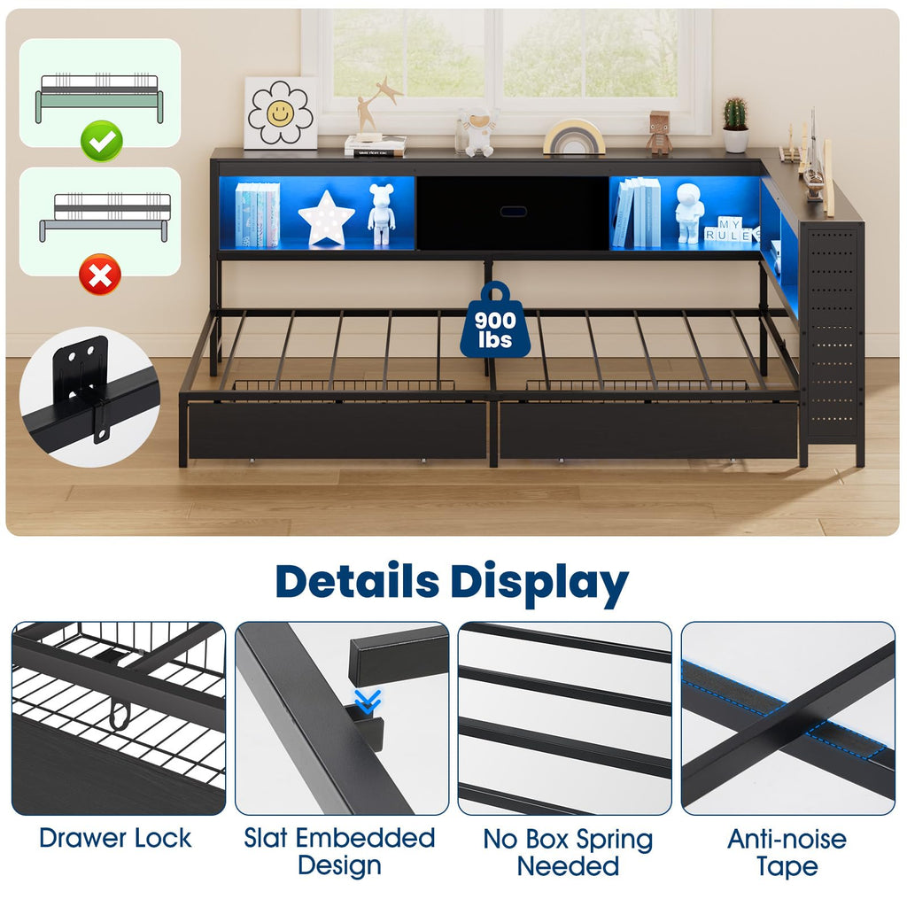 Twin Size Metal Corner Bed Frame with Storage Bookcase Headboard J96005