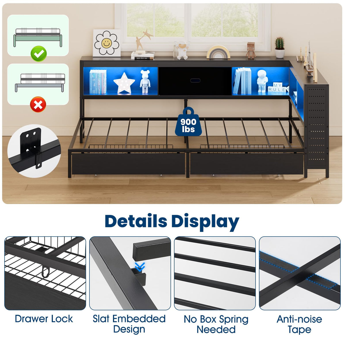 Twin Size Metal Corner Bed Frame with Storage Bookcase Headboard J96005