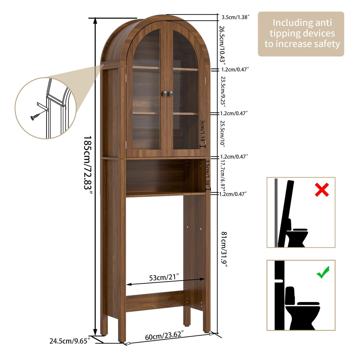 Arched Over The Toilet Storage Cabinet with Acrylic Doors G6573