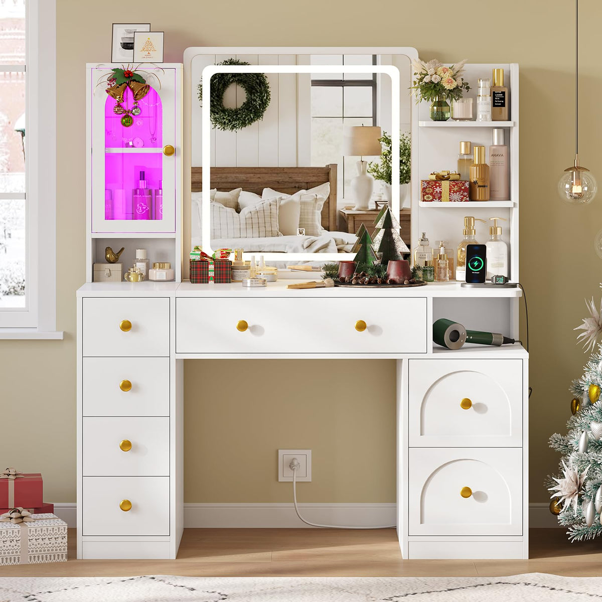 White Vanity Desk with Mirror and LED Lights T9321