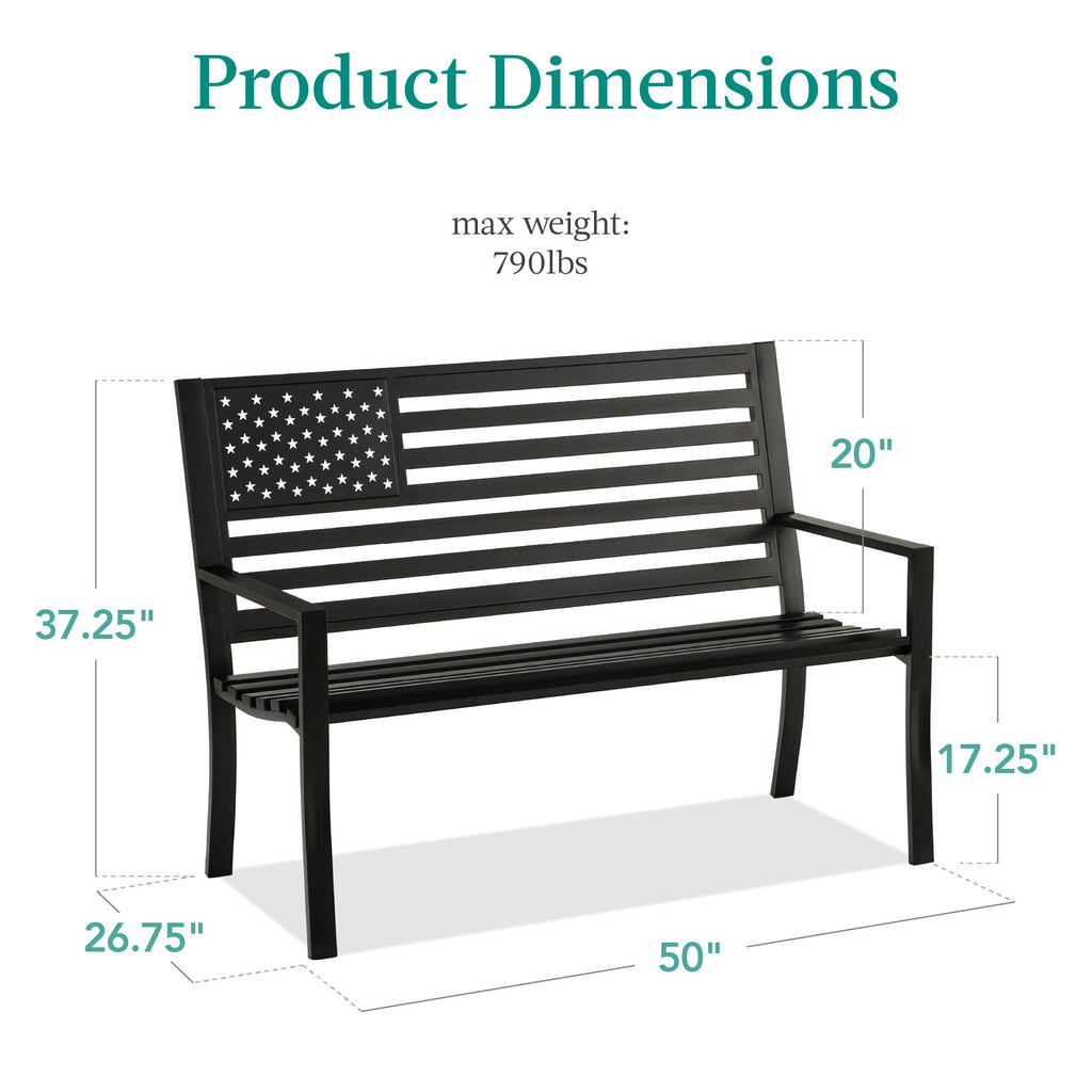 2-Person Steel Indoor/Outdoor Bench with American Flag, 790lb Capacity - Black S86507