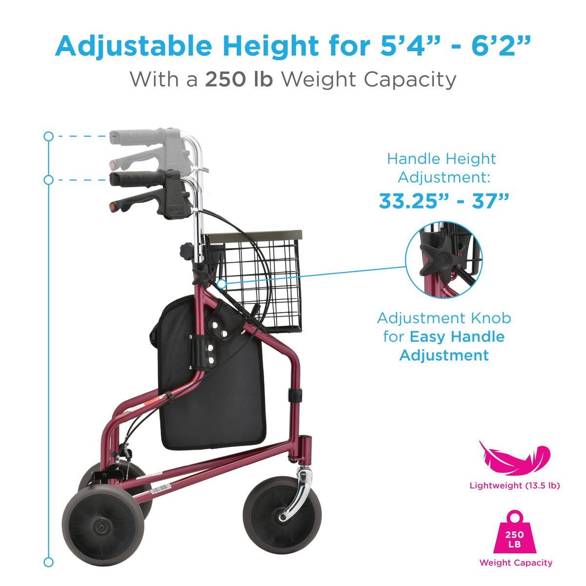 Folding 3-Wheel Walker with Tray Basket Pouch Cup Holder Z86715