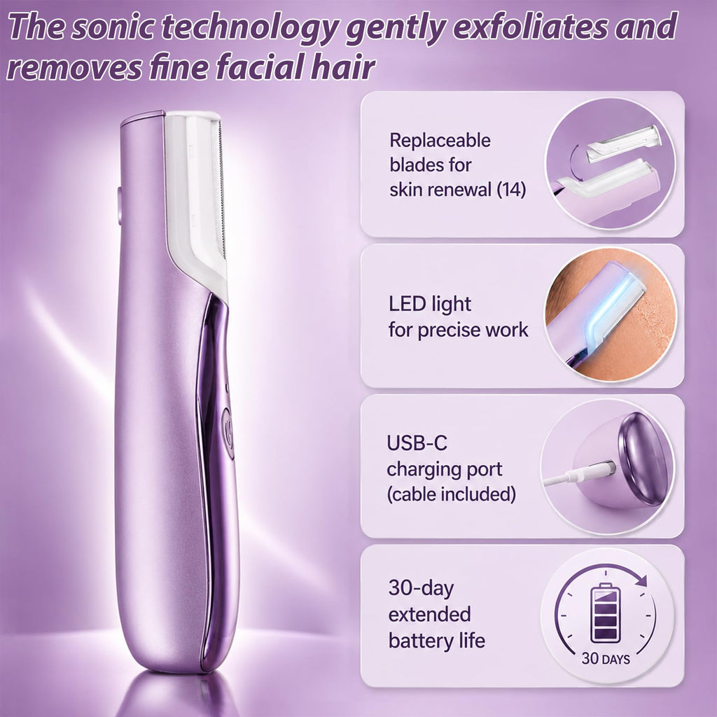 Sonic Dermaplaning Tool with LED Light, Rechargeable Facial Hair Remover M96397