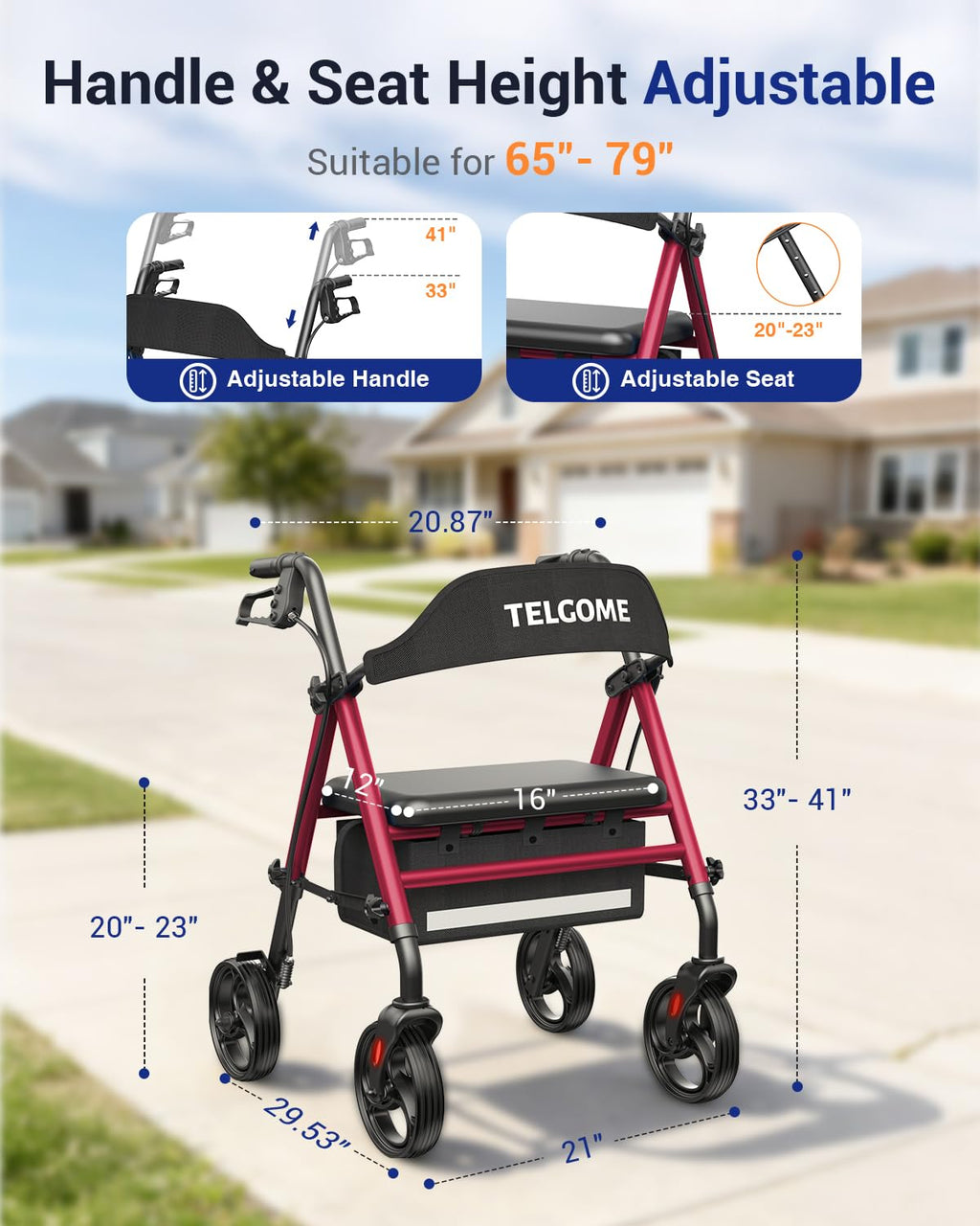 Red 350 lb Capacity Foldable Rollator Walker with Seat K8308