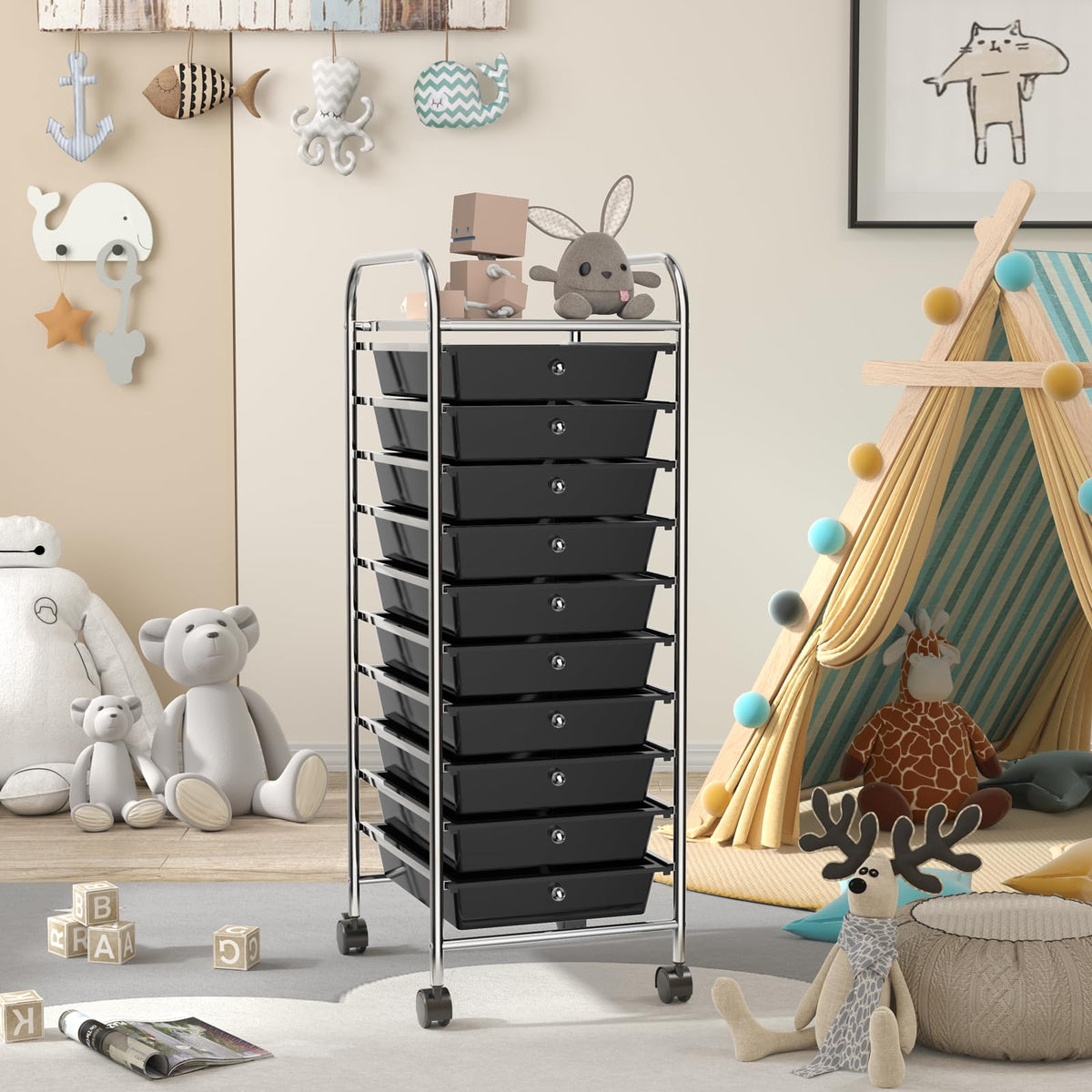 Rolling Utility Cart with 10 Drawers and Lockable Wheels V22765