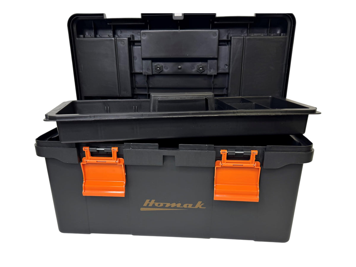 Plastic Tool Box with Tray and Dividers, Black, 19.25 Inches Z255553