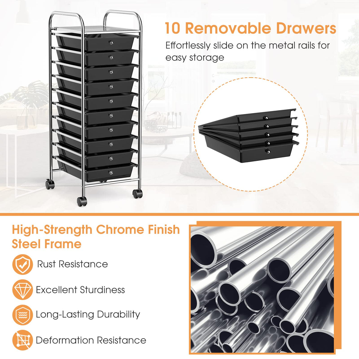 Rolling Utility Cart with 10 Drawers and Lockable Wheels V22765